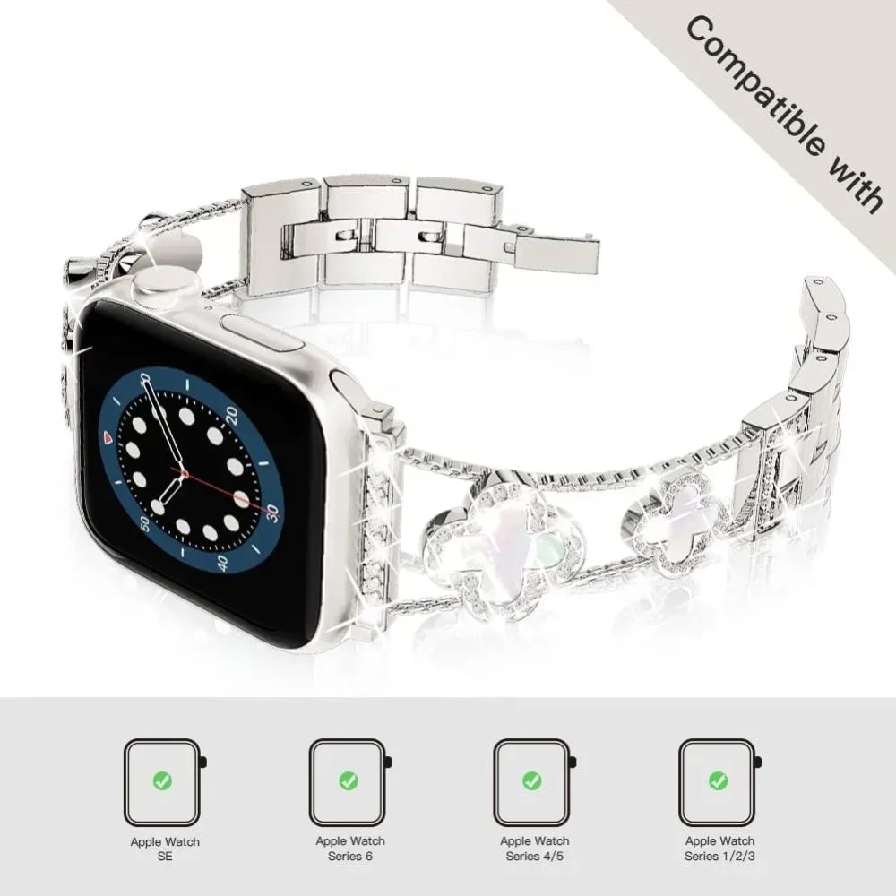 Diamond Four-leaf Clover Metal Strap for Apple Watch Ultra2 Women Band 49/46/45/44/42/41/40/38 Iwatch Series 10 9 8 7 6 Bracelet Diamond Four-leaf Clover Metal Strap for Apple Watch Ultra2 Women Band 49/46/45/44/42/41/40/38 Iwatch Series 10 9 8 7 6 Bracelet