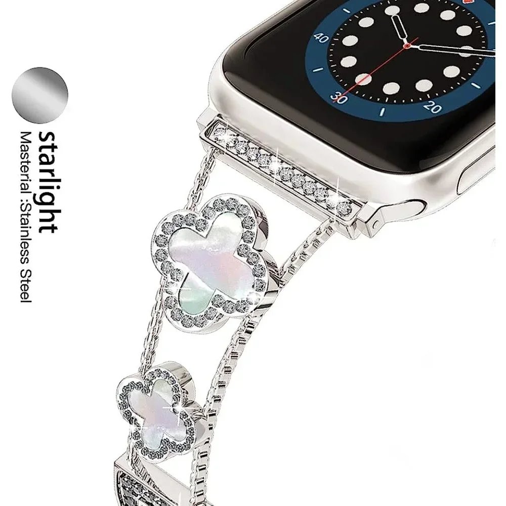 Diamond Four-leaf Clover Metal Strap for Apple Watch Ultra2 Women Band 49/46/45/44/42/41/40/38 Iwatch Series 10 9 8 7 6 Bracelet Diamond Four-leaf Clover Metal Strap for Apple Watch Ultra2 Women Band 49/46/45/44/42/41/40/38 Iwatch Series 10 9 8 7 6 Bracelet