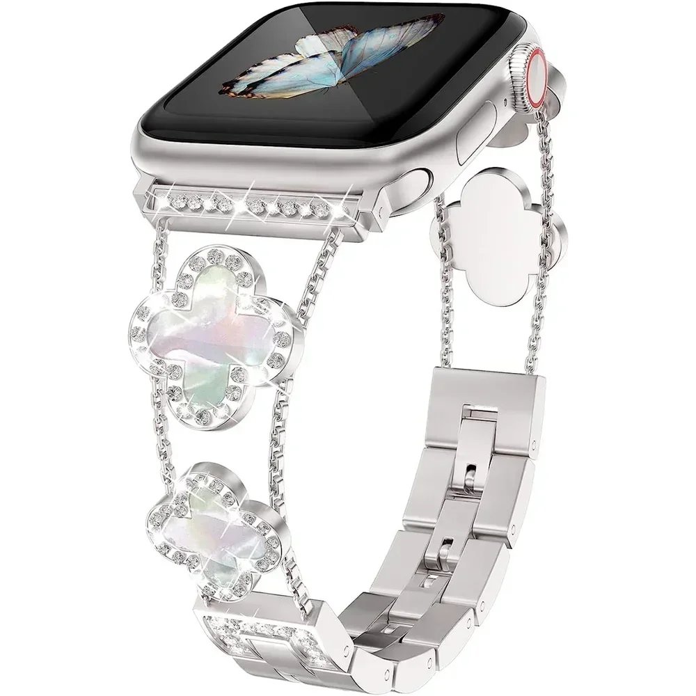 Diamond Four-leaf Clover Metal Strap for Apple Watch Ultra2 Women Band 49/46/45/44/42/41/40/38 Iwatch Series 10 9 8 7 6 Bracelet Diamond Four-leaf Clover Metal Strap for Apple Watch Ultra2 Women Band 49/46/45/44/42/41/40/38 Iwatch Series 10 9 8 7 6 Bracelet