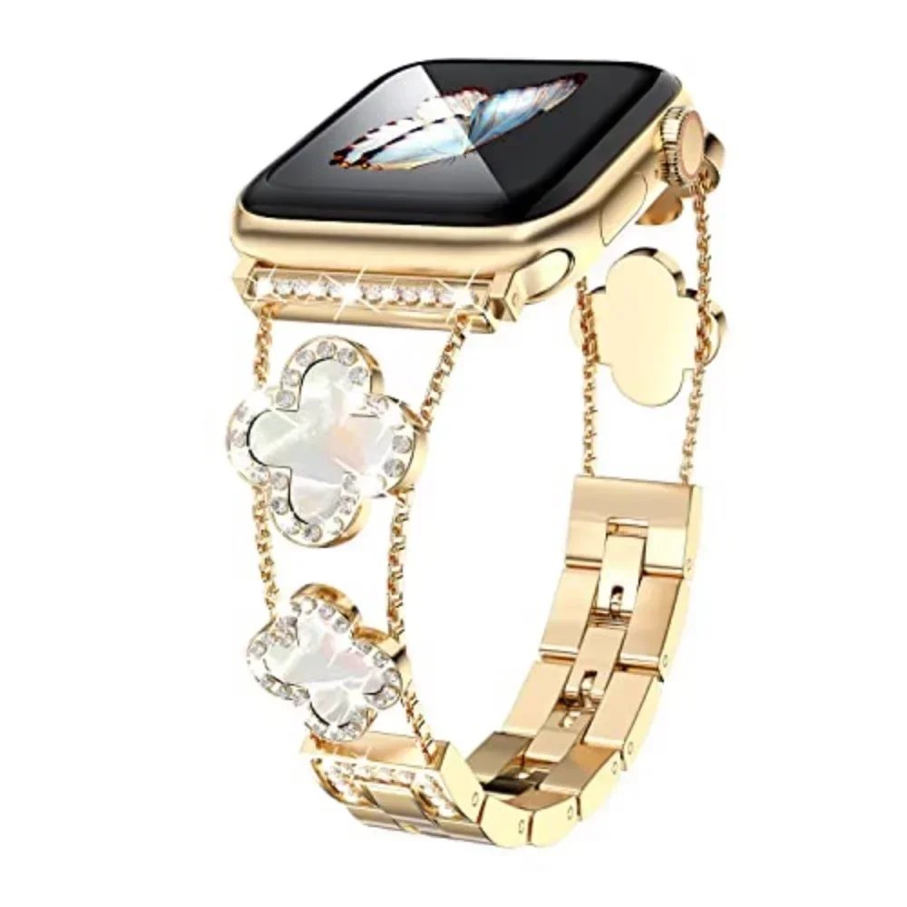 Diamond Four-leaf Clover Metal Strap for Apple Watch Ultra2 Women Band 49/46/45/44/42/41/40/38 Iwatch Series 10 9 8 7 6 Bracelet Diamond Four-leaf Clover Metal Strap for Apple Watch Ultra2 Women Band 49/46/45/44/42/41/40/38 Iwatch Series 10 9 8 7 6 Bracelet