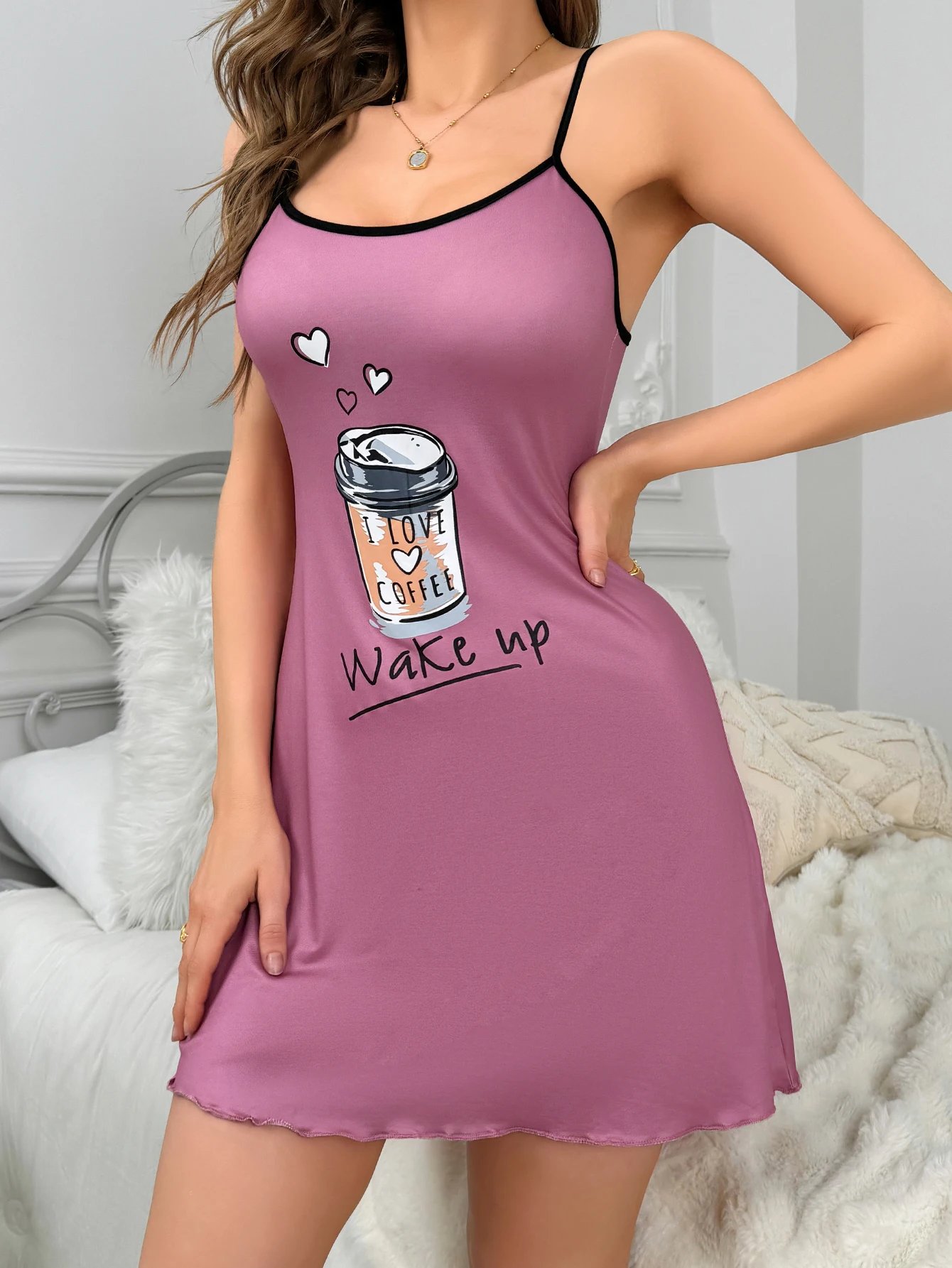 New style halter pajamas Home wear for women's casual pajamas casual skirt cute nightdress coffee pattern New style halter pajamas Home wear for women's casual pajamas casual skirt cute nightdress coffee pattern