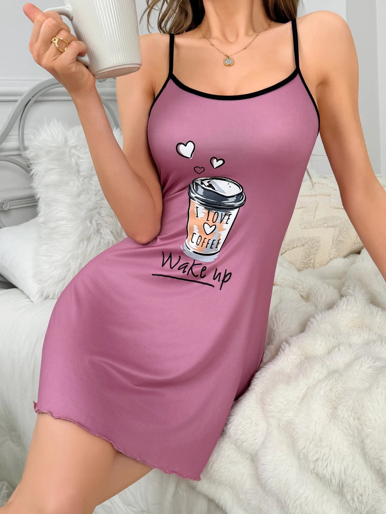 New style halter pajamas Home wear for women's casual pajamas casual skirt cute nightdress coffee pattern New style halter pajamas Home wear for women's casual pajamas casual skirt cute nightdress coffee pattern