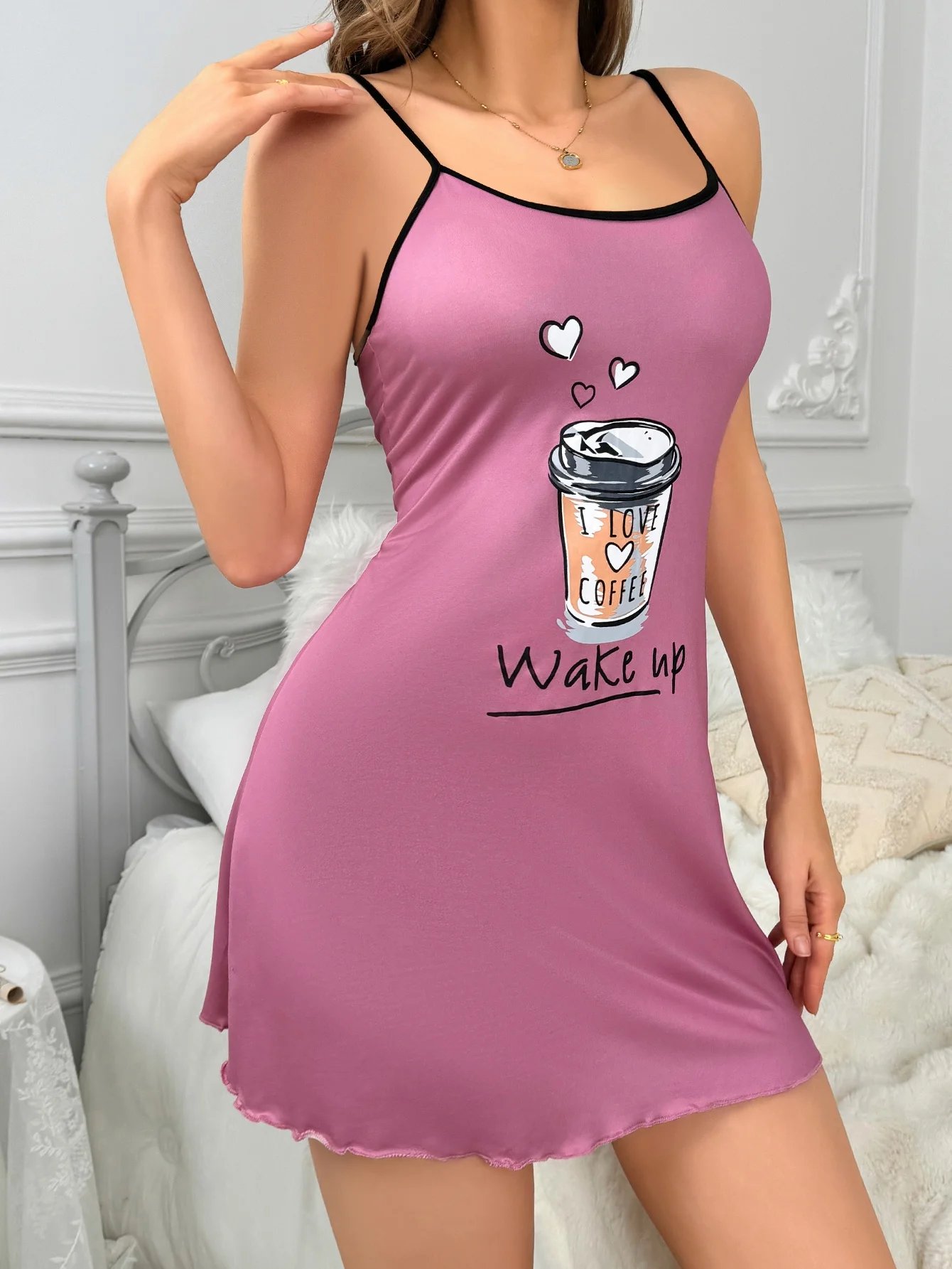 New style halter pajamas Home wear for women's casual pajamas casual skirt cute nightdress coffee pattern New style halter pajamas Home wear for women's casual pajamas casual skirt cute nightdress coffee pattern