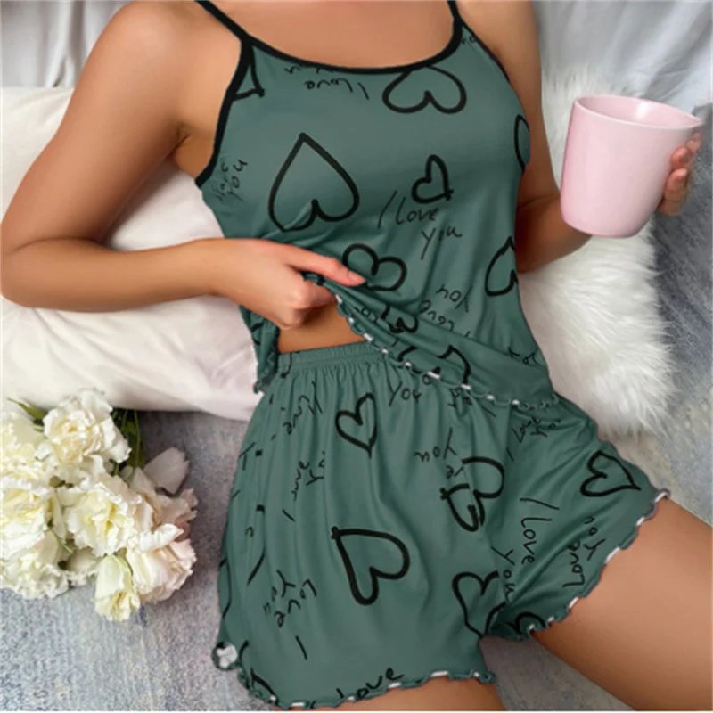 Heart-shaped printed women's pajamas set sexy pajamas silk pleated vest shorts set soft and comfortable home wear sweet and cute