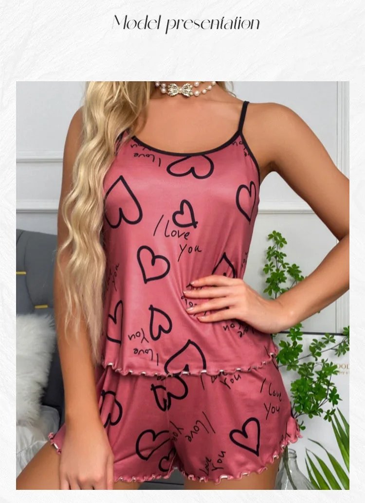 Heart-shaped printed women's pajamas set sexy pajamas silk pleated vest shorts set soft and comfortable home wear sweet and cute