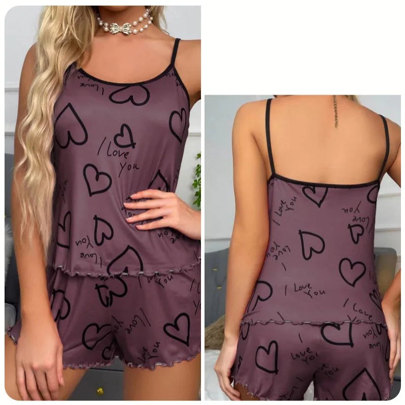 Heart-shaped printed women's pajamas set sexy pajamas silk pleated vest shorts set soft and comfortable home wear sweet and cute
