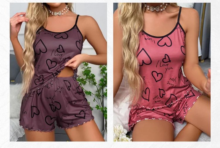 Heart-shaped printed women's pajamas set sexy pajamas silk pleated vest shorts set soft and comfortable home wear sweet and cute
