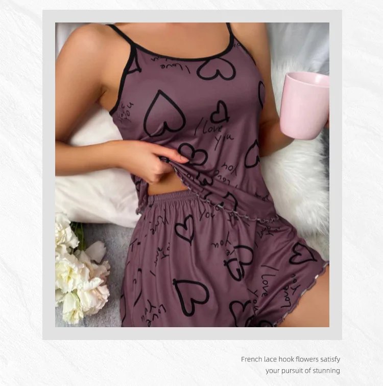 Heart-shaped printed women's pajamas set sexy pajamas silk pleated vest shorts set soft and comfortable home wear sweet and cute