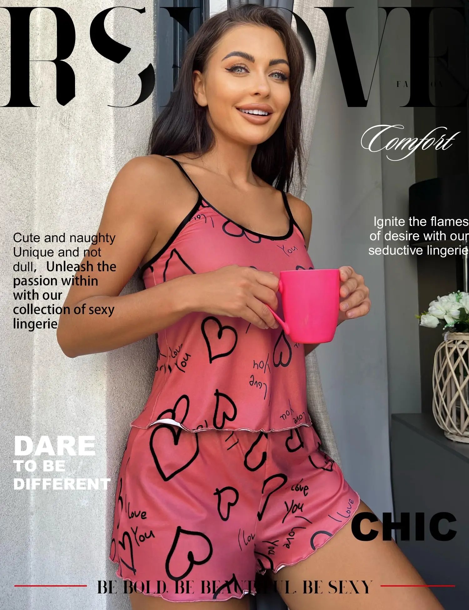 Heart-shaped printed women's pajamas set sexy pajamas silk pleated vest shorts set soft and comfortable home wear sweet and cute