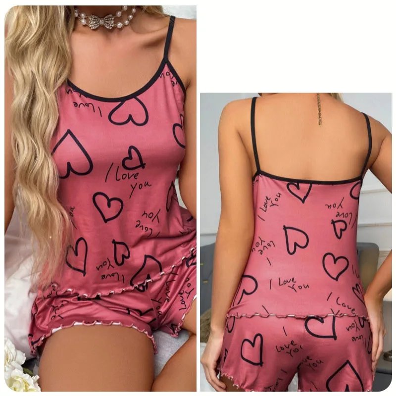 Heart-shaped printed women's pajamas set sexy pajamas silk pleated vest shorts set soft and comfortable home wear sweet and cute