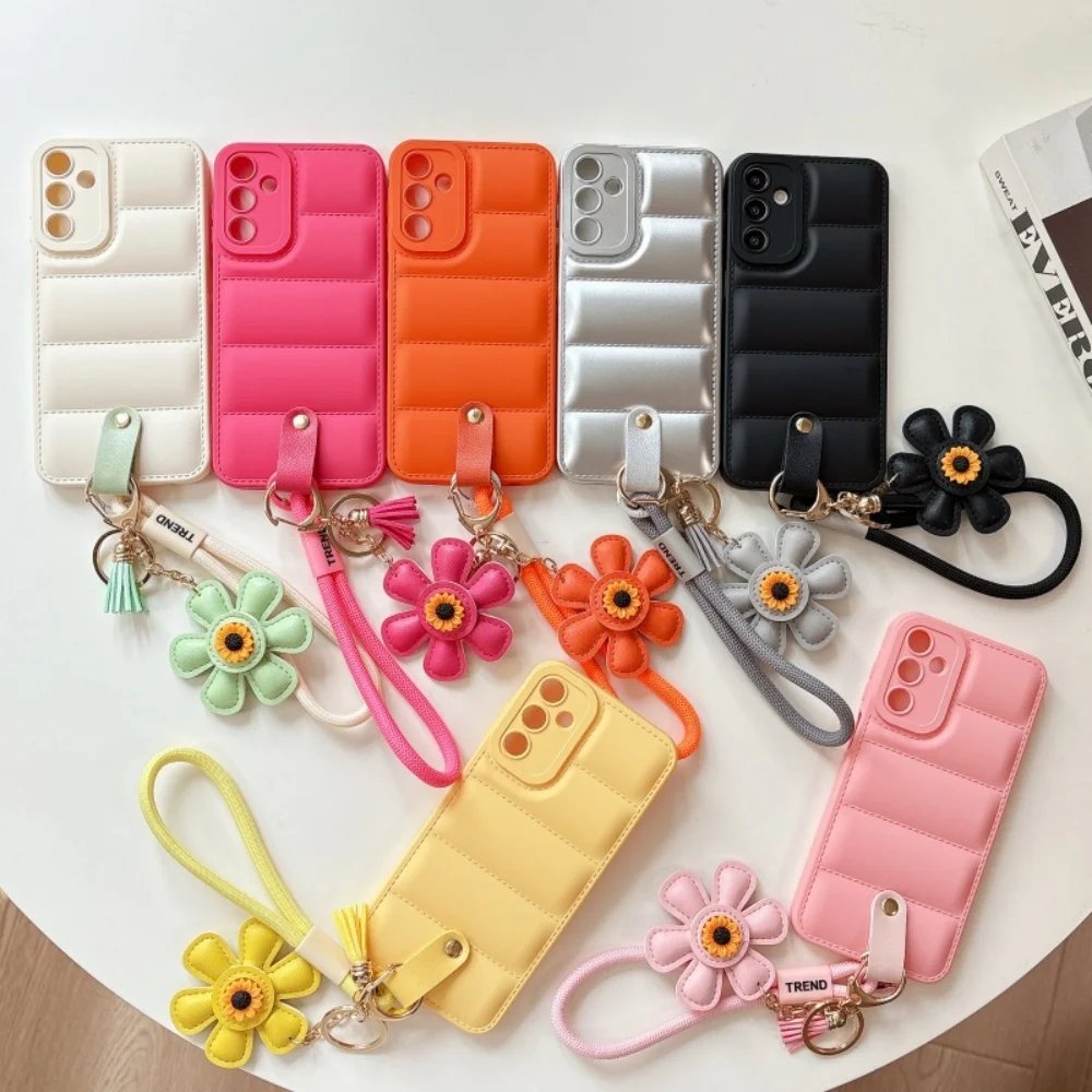 Luxury Down Jacket Sunflower Wrist Strap Case for Samsung Galaxy S25 S24 Ultra S23 S22 Plus S21 FE A56 A55 A54 A16 A35 A15 Cover