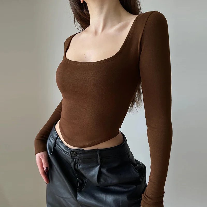 Square Collar Long Sleeve Casual Women T Shirts Green Autumn Skinny Sexy Solid Basic Crop Tops Fashion Streetwear
