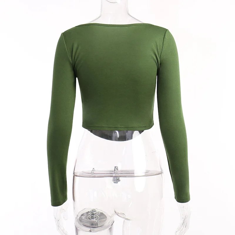 Square Collar Long Sleeve Casual Women T Shirts Green Autumn Skinny Sexy Solid Basic Crop Tops Fashion Streetwear