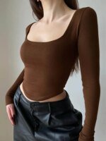 Square Collar Long Sleeve Casual Women T Shirts Green Autumn Skinny Sexy Solid Basic Crop Tops Fashion Streetwear - Image 2
