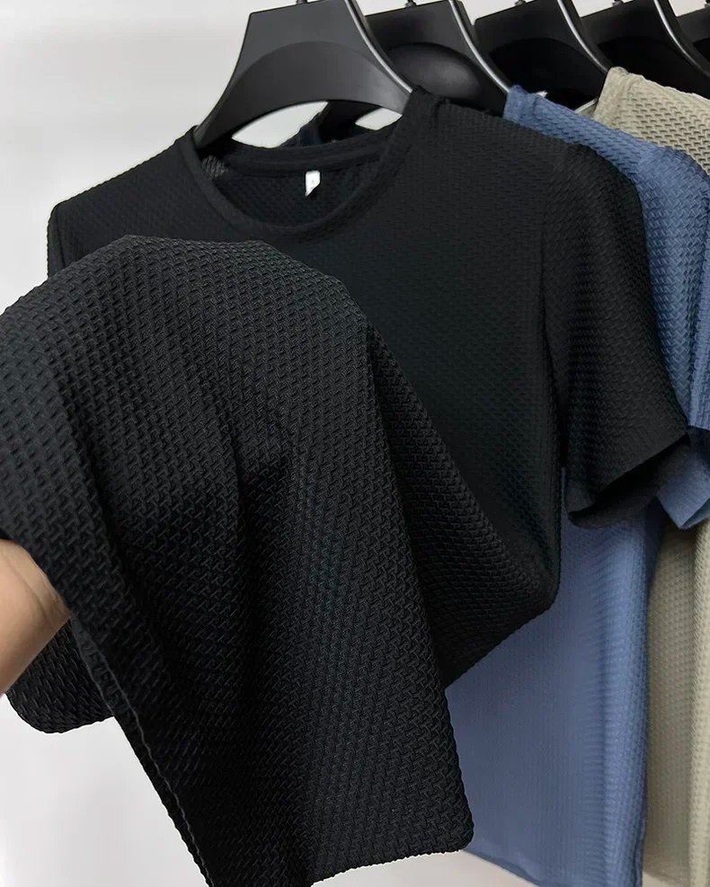 Summer Ice Silk High-End Solid Color High Quality Short Sleeve T Shirts Men's Breathable Fashion T-Shirt Male Brand Clothes 4XL