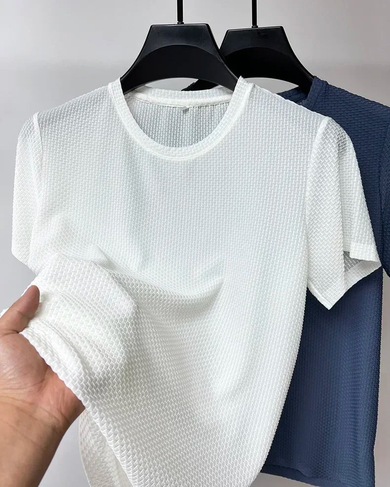 Summer Ice Silk High-End Solid Color High Quality Short Sleeve T Shirts Men's Breathable Fashion T-Shirt Male Brand Clothes 4XL