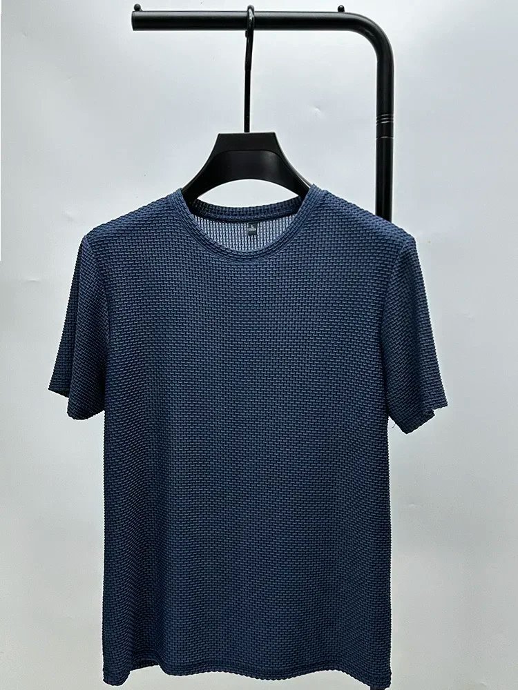 Summer Ice Silk High-End Solid Color High Quality Short Sleeve T Shirts Men's Breathable Fashion T-Shirt Male Brand Clothes 4XL