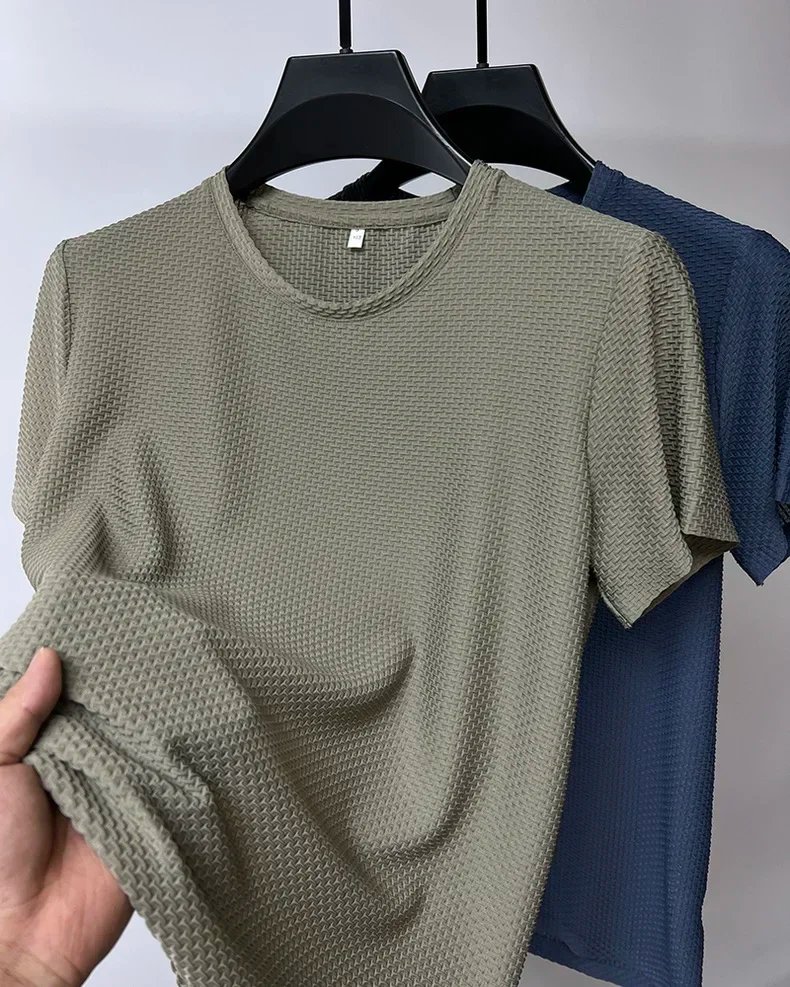 Summer Ice Silk High-End Solid Color High Quality Short Sleeve T Shirts Men's Breathable Fashion T-Shirt Male Brand Clothes 4XL