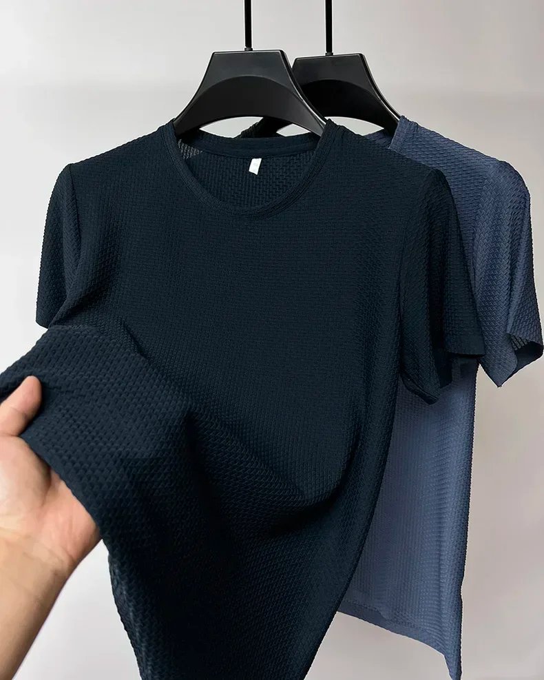 Summer Ice Silk High-End Solid Color High Quality Short Sleeve T Shirts Men's Breathable Fashion T-Shirt Male Brand Clothes 4XL
