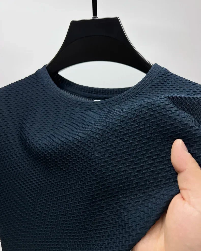 Summer Ice Silk High-End Solid Color High Quality Short Sleeve T Shirts Men's Breathable Fashion T-Shirt Male Brand Clothes 4XL