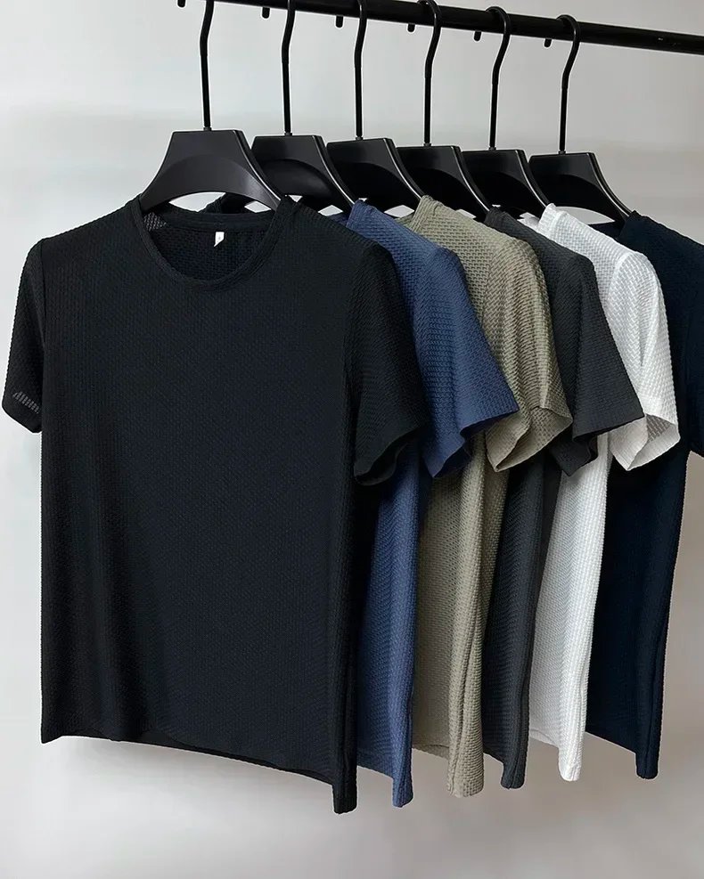 Summer Ice Silk High-End Solid Color High Quality Short Sleeve T Shirts Men's Breathable Fashion T-Shirt Male Brand Clothes 4XL