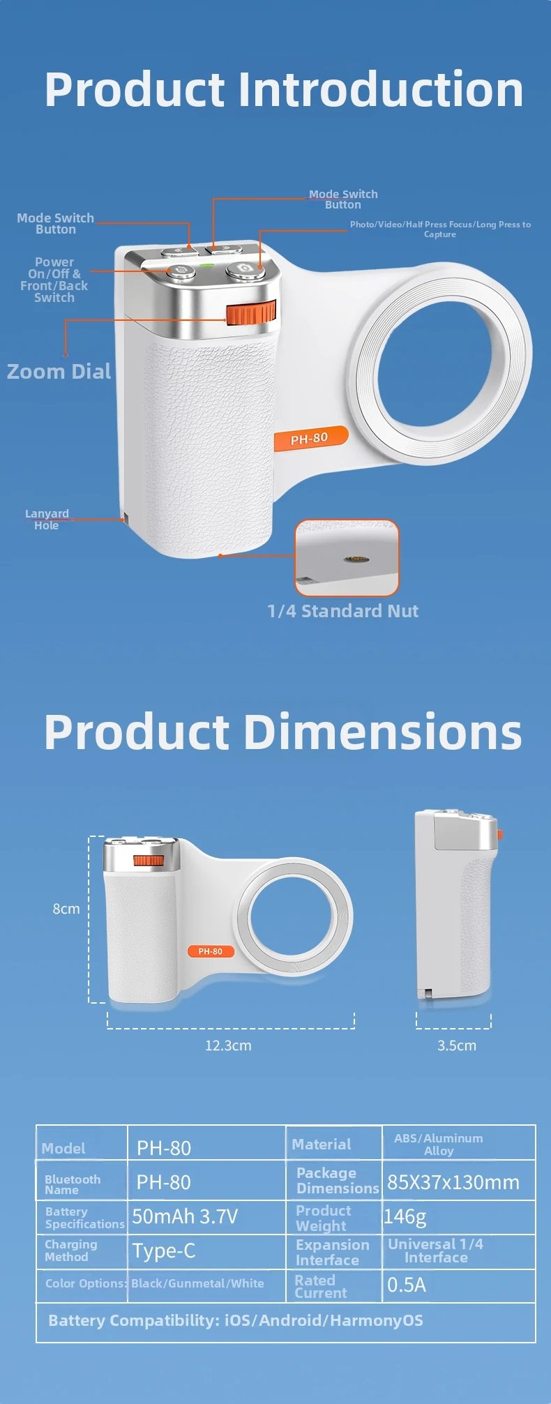 PH-80 Magnetic Camera Grip with Remote Shutter Fill Light Remote Control Handle Universal for Phones