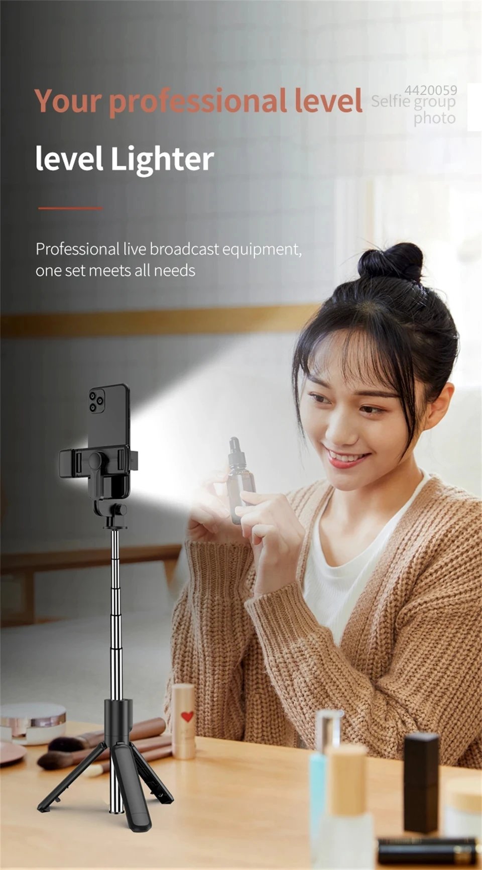 Bluetooth Selfie Stick Tripod Desktop Stand, Phone Holder, Wireless Remote Shutter, for iPhone Android, Option with Fill Light Bluetooth Selfie Stick Tripod Desktop Stand, Phone Holder, Wireless Remote Shutter, for iPhone Android, Option with Fill Light