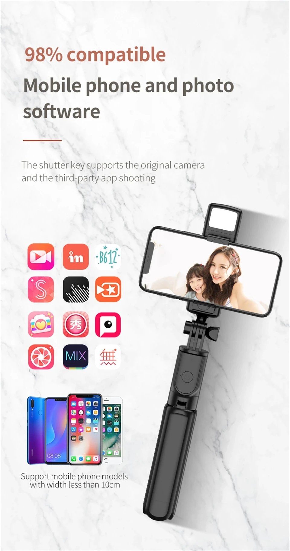 Bluetooth Selfie Stick Tripod Desktop Stand, Phone Holder, Wireless Remote Shutter, for iPhone Android, Option with Fill Light Bluetooth Selfie Stick Tripod Desktop Stand, Phone Holder, Wireless Remote Shutter, for iPhone Android, Option with Fill Light