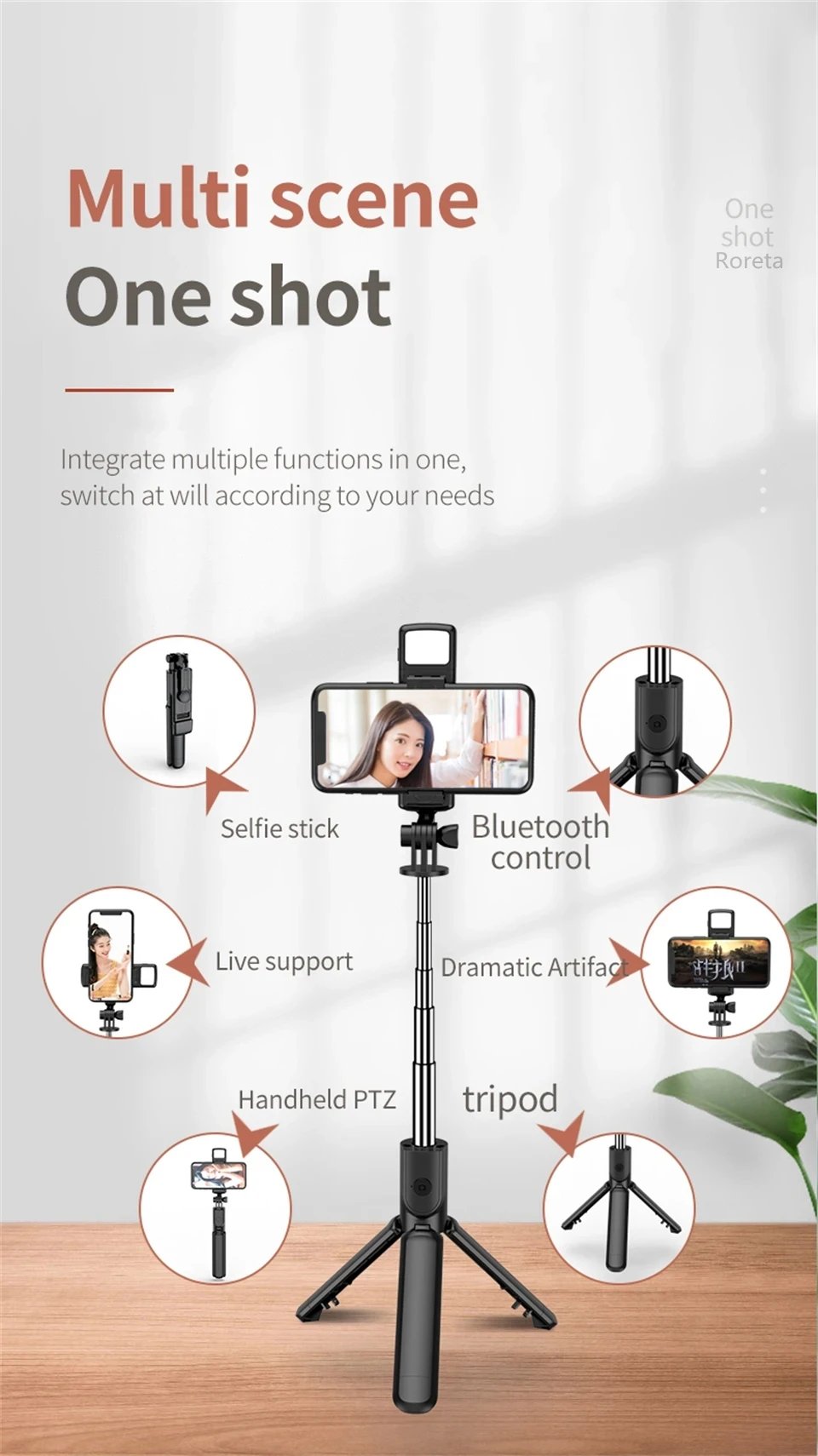 Bluetooth Selfie Stick Tripod Desktop Stand, Phone Holder, Wireless Remote Shutter, for iPhone Android, Option with Fill Light Bluetooth Selfie Stick Tripod Desktop Stand, Phone Holder, Wireless Remote Shutter, for iPhone Android, Option with Fill Light