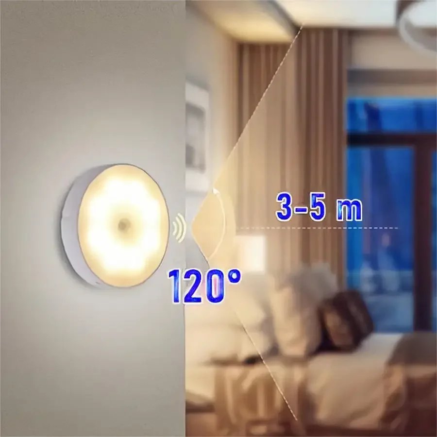 LED Motion Sensor Light USB Mini Night Lights Round Chargeable Lamp For Bedroom Kitchen Stair Hallway Wardrobe Lighting Cupboard