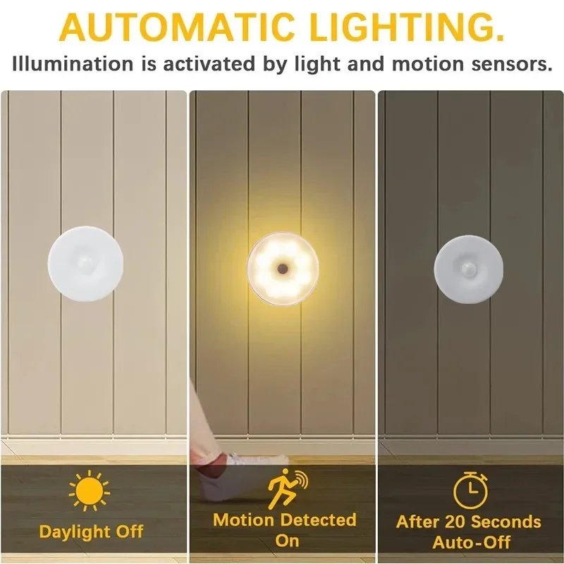 LED Motion Sensor Light USB Mini Night Lights Round Chargeable Lamp For Bedroom Kitchen Stair Hallway Wardrobe Lighting Cupboard