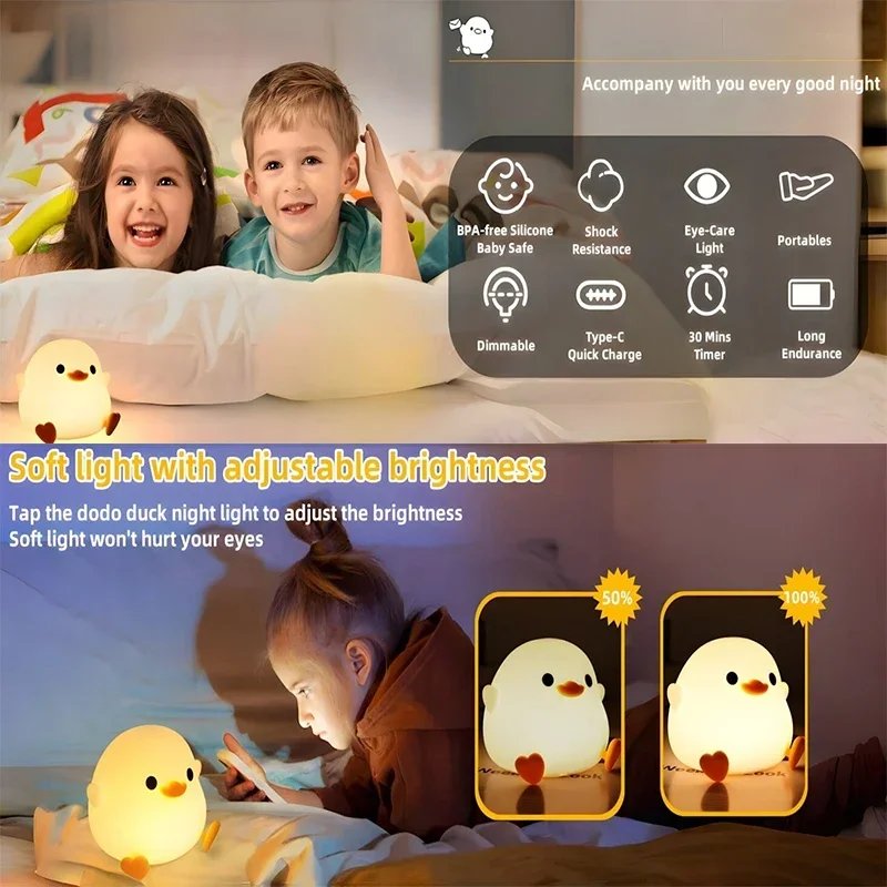 LED Night Light Cute Duck Cartoon Animals Silicone Lamp for Children Kid Touch Sensor Timing USB Rechargeable for Birthday Gifts LED Night Light Cute Duck Cartoon Animals Silicone Lamp for Children Kid Touch Sensor Timing USB Rechargeable for Birthday Gifts