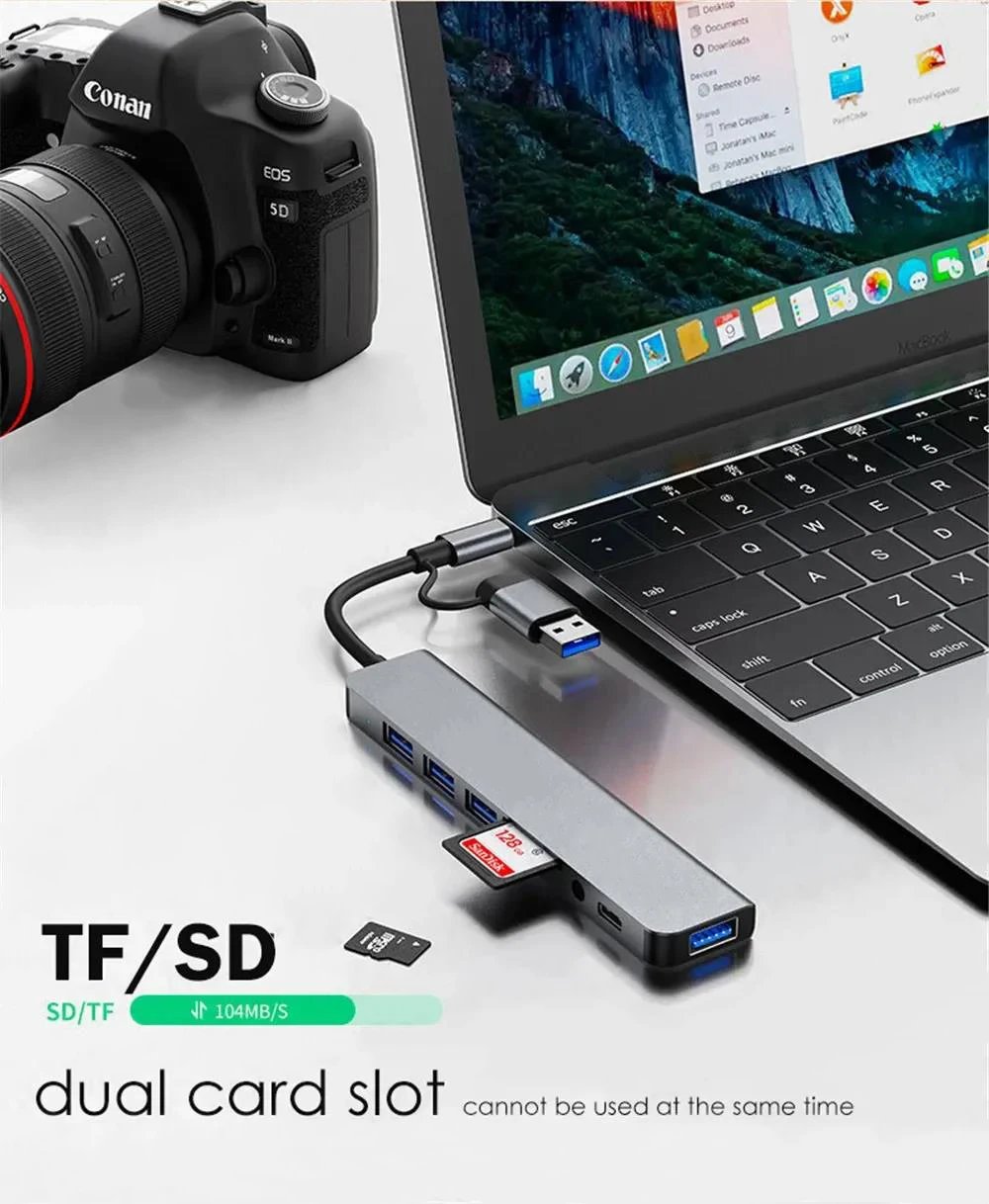 8-in-1 USB Expander HUB USB Distributor with 2 USB 3.0, 2 USB 2.0, And 1 USB C Ports, TF/SD Card Suitable For Laptops PC Macbook 8-in-1 USB Expander HUB USB Distributor with 2 USB 3.0, 2 USB 2.0, And 1 USB C Ports, TF/SD Card Suitable For Laptops PC Macbook