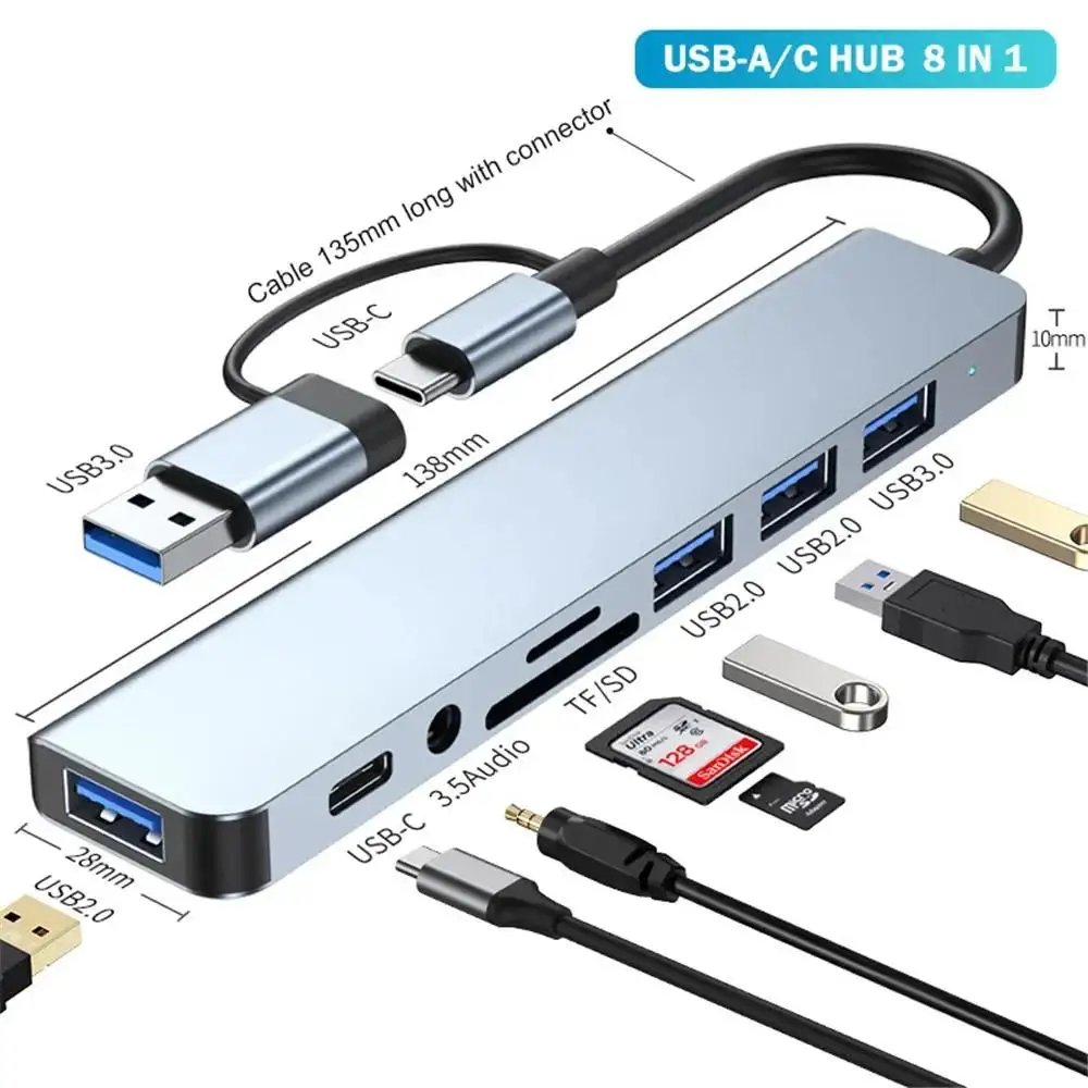 8-in-1 USB Expander HUB USB Distributor with 2 USB 3.0, 2 USB 2.0, And 1 USB C Ports, TF/SD Card Suitable For Laptops PC Macbook 8-in-1 USB Expander HUB USB Distributor with 2 USB 3.0, 2 USB 2.0, And 1 USB C Ports, TF/SD Card Suitable For Laptops PC Macbook