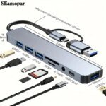 8-in-1 USB Expander HUB USB Distributor with 2 USB 3.0, 2 USB 2.0, And 1 USB C Ports, TF/SD Card Suitable For Laptops PC Macbook