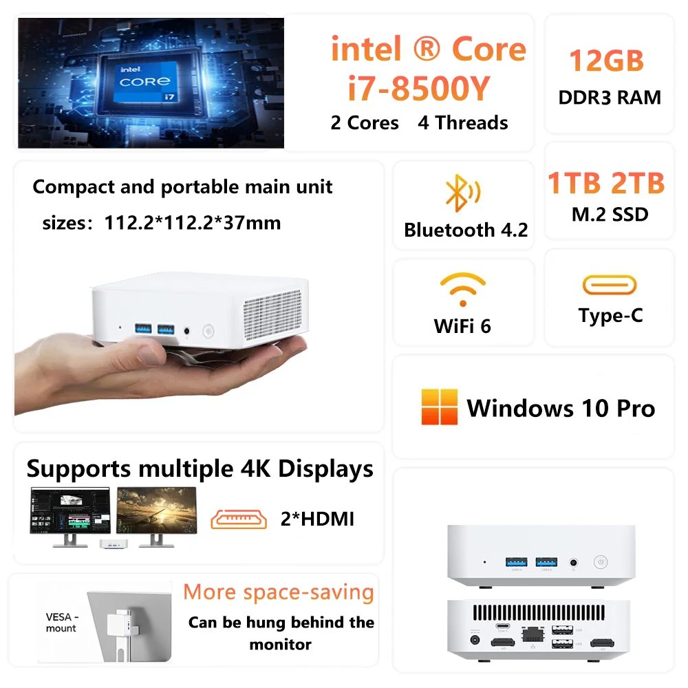 Mini PC Windows 10 Intel Core i7 8500Y 12GB DDR3 512GB 1TB SSD PC Gamer Computer Dual WIFI 6 BT4.2 4K HD Mini Gaming Pc Desktop