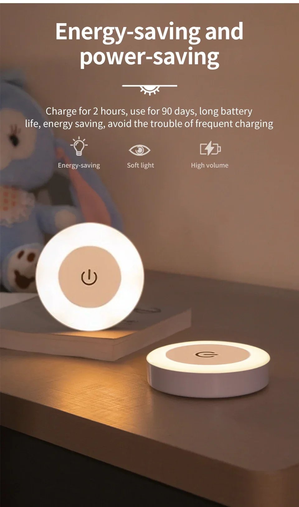 Wireless Led Book Light 6cm Rechargeable Wall Lamp with Touch Switch Night Light 3-Colors Dimmable Portable for Bedroom Reading