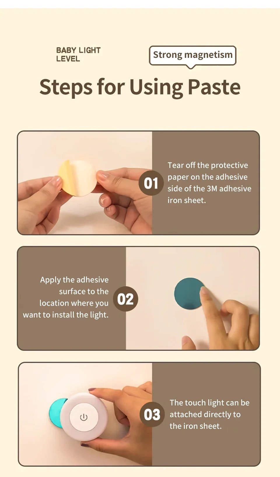 Wireless Led Book Light 6cm Rechargeable Wall Lamp with Touch Switch Night Light 3-Colors Dimmable Portable for Bedroom Reading