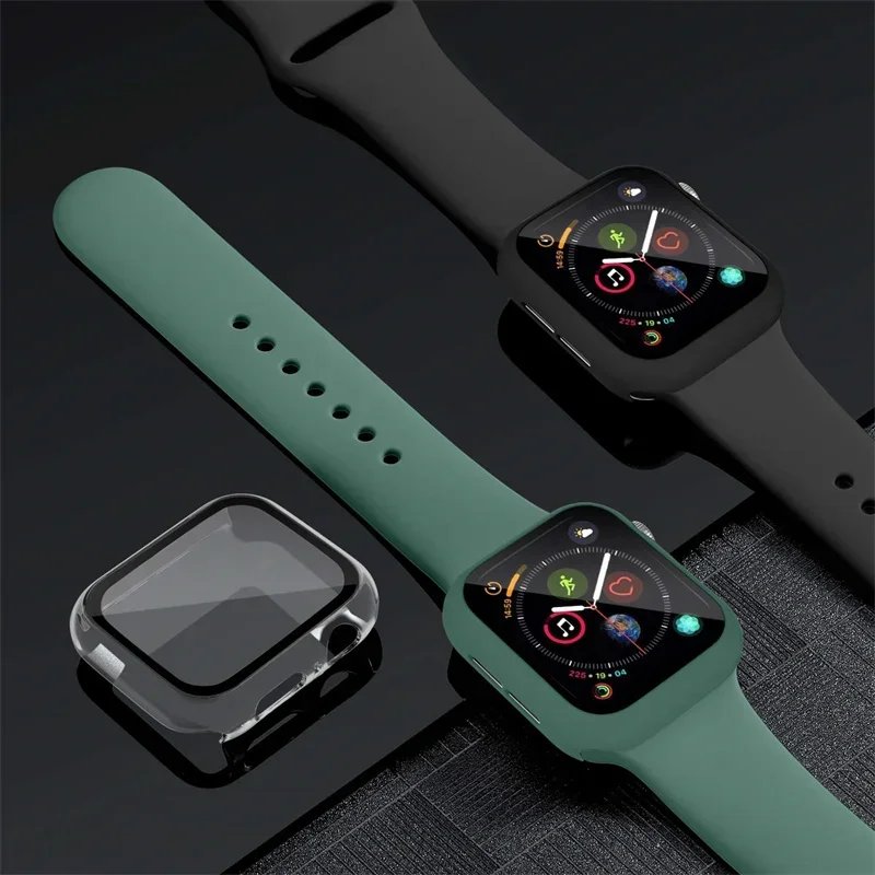 Glass+Cover+Strap For Apple Watch band 44mm 41mm 45mm 40mm 38mm 42mm Silicone bracelet iWatch serises 9 8 3 4 5 6 SE 7 watchbands