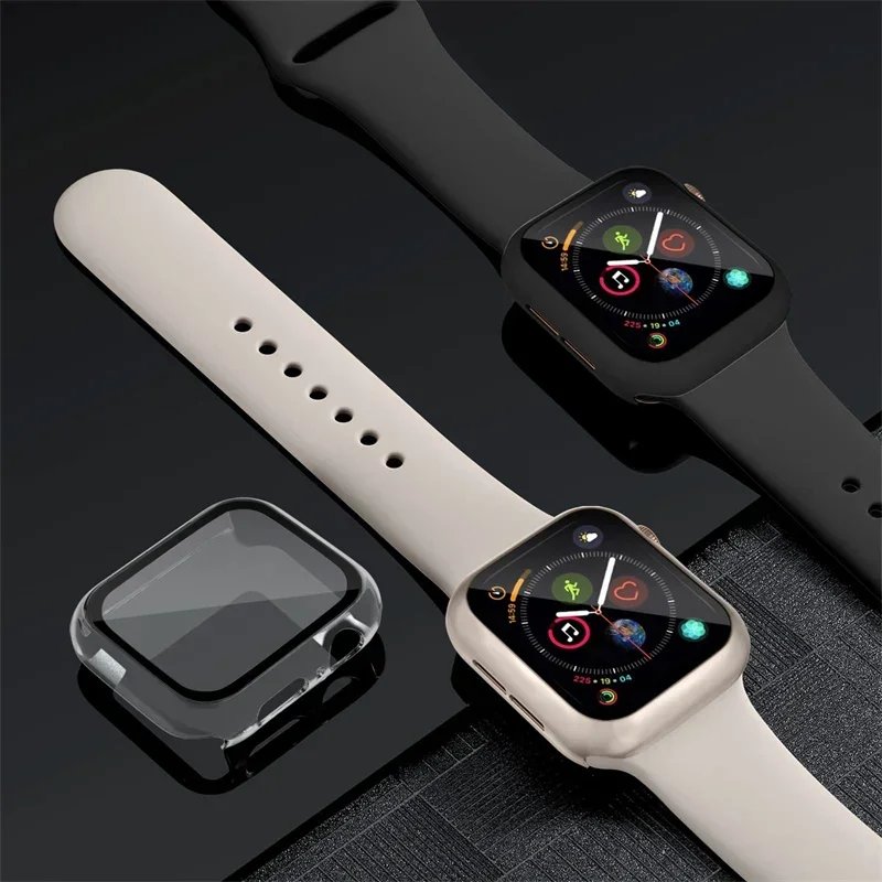 Glass+Cover+Strap For Apple Watch band 44mm 41mm 45mm 40mm 38mm 42mm Silicone bracelet iWatch serises 9 8 3 4 5 6 SE 7 watchbands