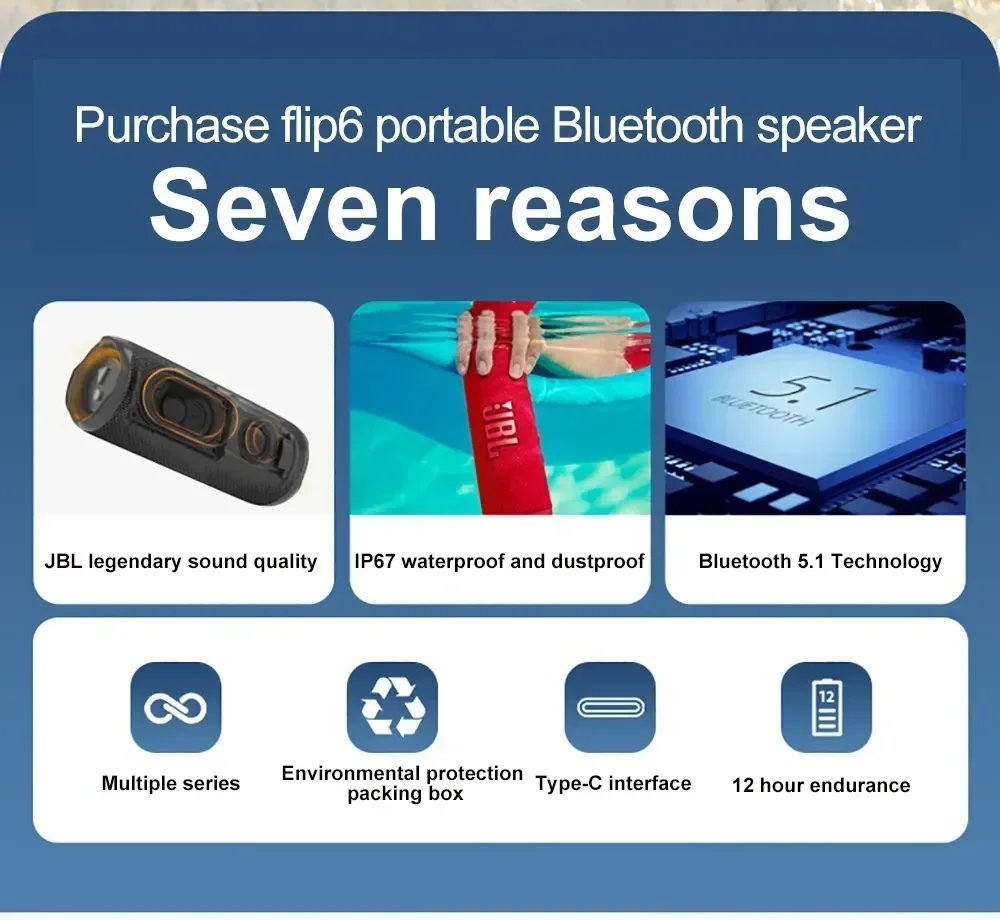 JBL FLIP 6 Wireless Bluetooth Speaker Portable IPX7 FLIP6 Waterproof Outdoor Stereo Bass Music Track Speaker Independent Tweeter JBL FLIP 6 Wireless Bluetooth Speaker Portable IPX7 FLIP6 Waterproof Outdoor Stereo Bass Music Track Speaker Independent Tweeter