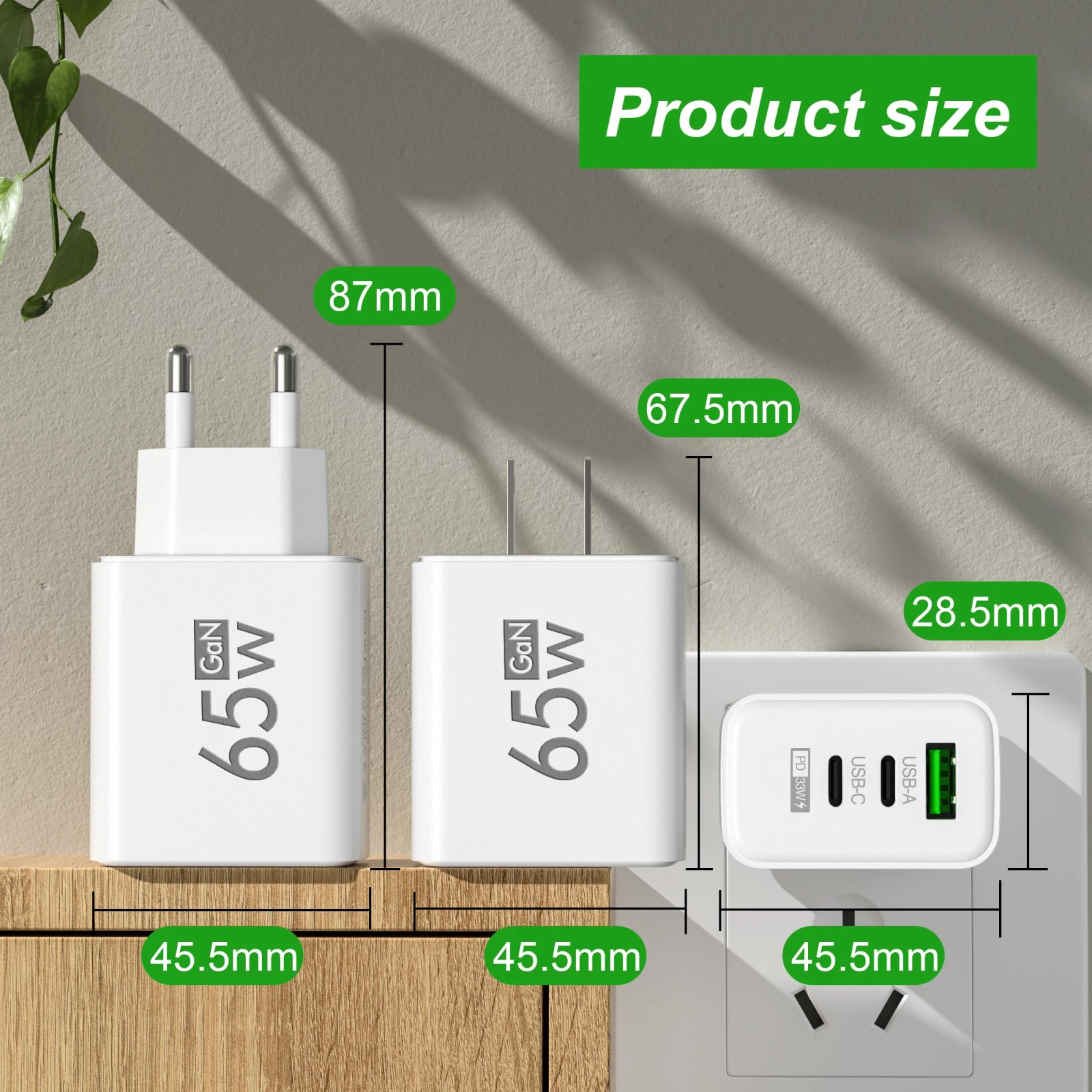 3 Ports PD 65W USB Fast Charge Charger Type C Mobile Phone Quick Charging Adapter For iPhone Samsung Xiaomi Oneplus Wall Charger