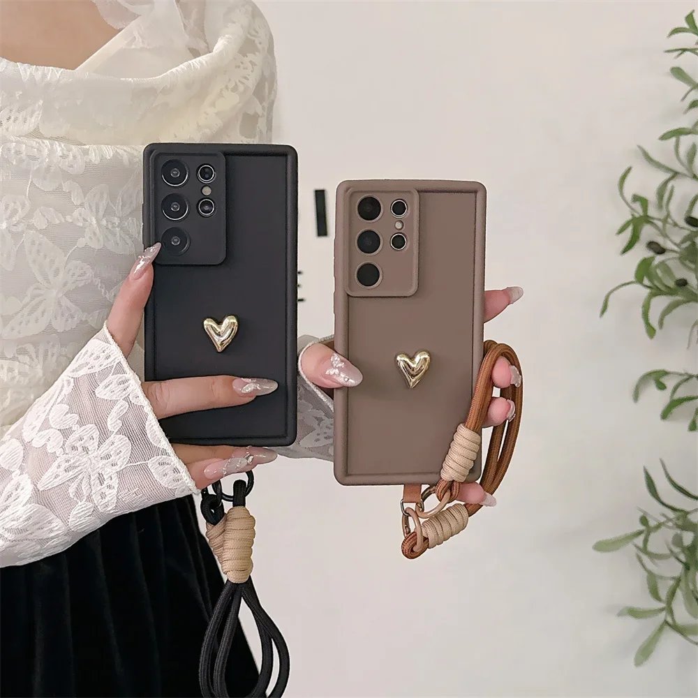 3D Gold Heart Love Wrist Strap Case For Samsung Galaxy S25 Ultra S23 S22 Plus S24 S21 FE Note 20 A56 A55 A36 A35 A26 A16 A15 5G