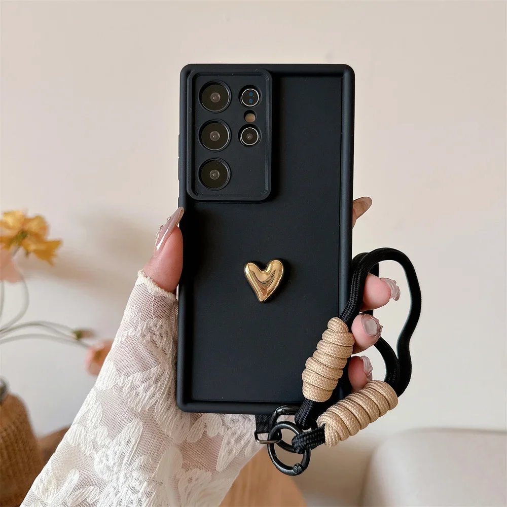 3D Gold Heart Love Wrist Strap Case For Samsung Galaxy S25 Ultra S23 S22 Plus S24 S21 FE Note 20 A56 A55 A36 A35 A26 A16 A15 5G