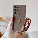 3D Gold Heart Love Wrist Strap Case For Samsung Galaxy S25 Ultra S23 S22 Plus S24 S21 FE Note 20 A56 A55 A36 A35 A26 A16 A15 5G