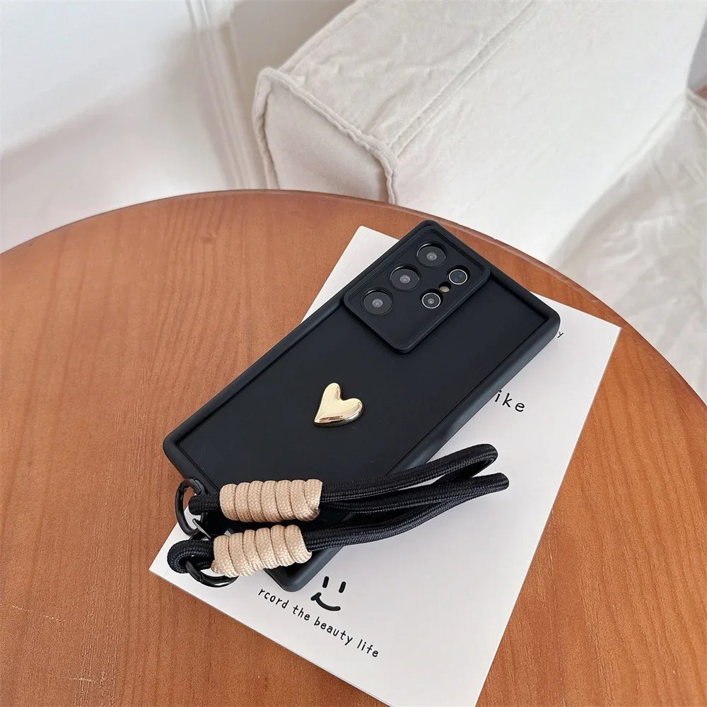 3D Gold Heart Love Wrist Strap Case For Samsung Galaxy S25 Ultra S23 S22 Plus S24 S21 FE Note 20 A56 A55 A36 A35 A26 A16 A15 5G