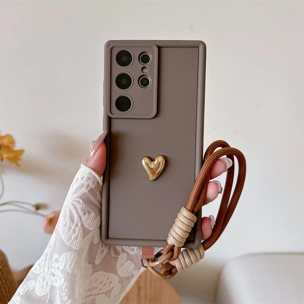 3D Gold Heart Love Wrist Strap Case For Samsung Galaxy S25 Ultra S23 S22 Plus S24 S21 FE Note 20 A56 A55 A36 A35 A26 A16 A15 5G