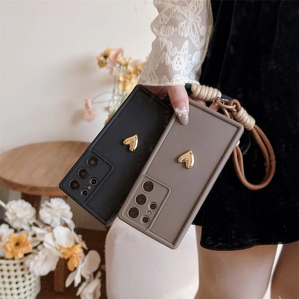 3D Gold Heart Love Wrist Strap Case For Samsung Galaxy S25 Ultra S23 S22 Plus S24 S21 FE Note 20 A56 A55 A36 A35 A26 A16 A15 5G