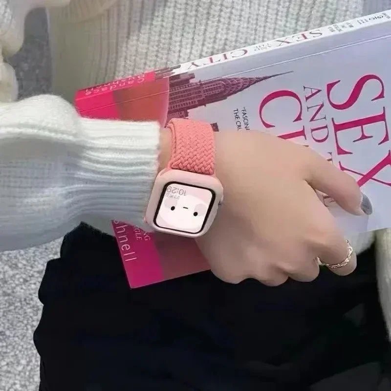 Korean Cute Braied Strap + Case For Apple Watch Band 49mm 46mm 41 45 44 38 42 Nylon Bracelet For iWatch Series 10 9 8 7 6 5 4 SE