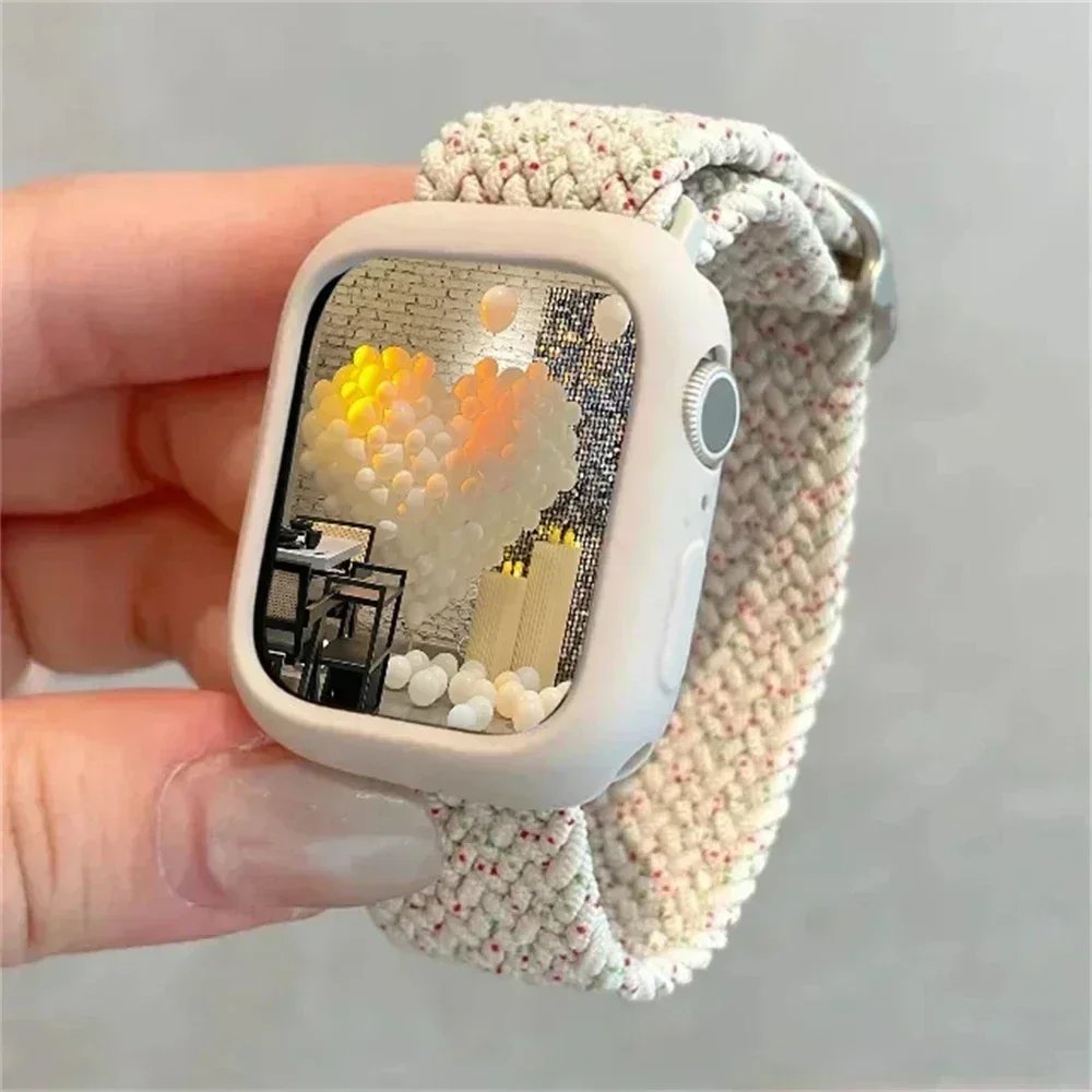 Korean Cute Braied Strap + Case For Apple Watch Band 49mm 46mm 41 45 44 38 42 Nylon Bracelet For iWatch Series 10 9 8 7 6 5 4 SE